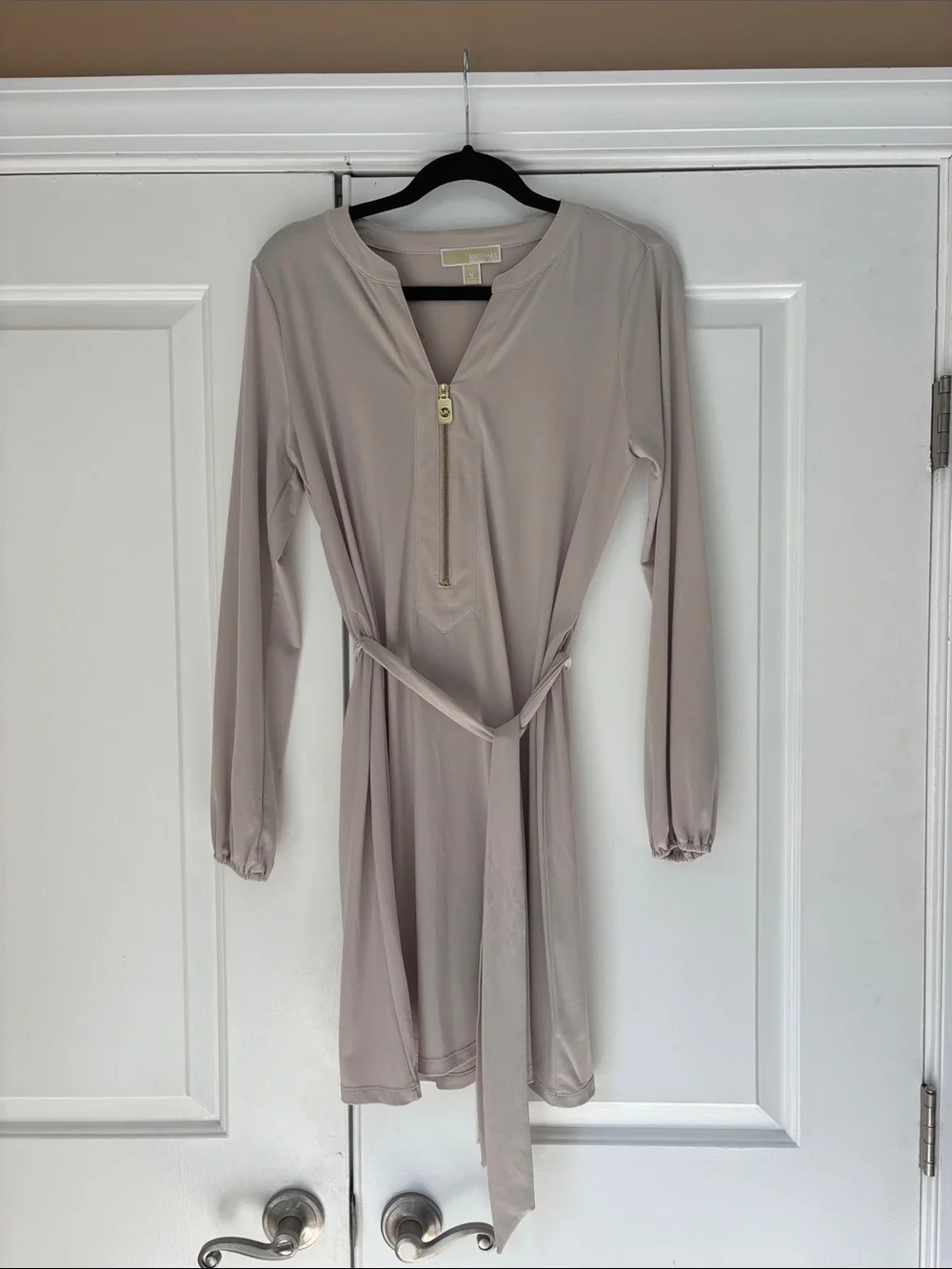 Michael Kors Long-Sleeve V-Neck Belted Dress in Light Taupe